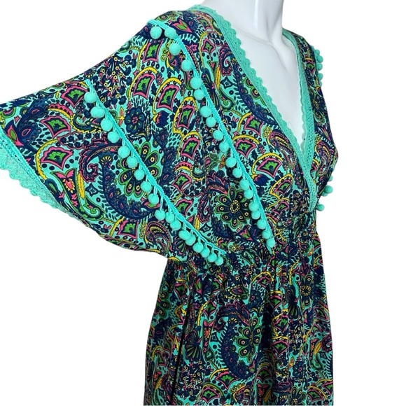 America & Beyond Bohemian Empire Waist Paisley Pom Pom Swim Cover Up Large - Picture 4 of 10